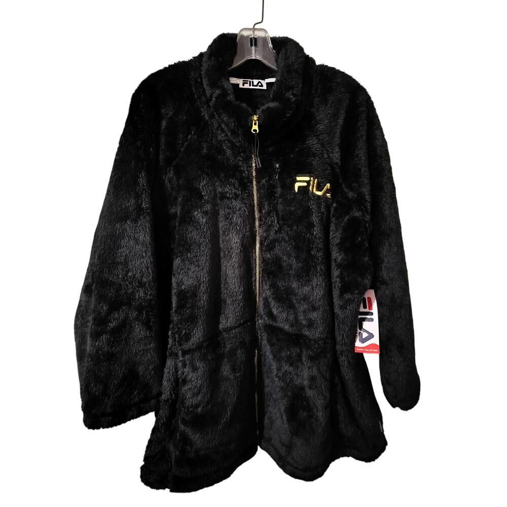 5977)Fila Women Black Gold Curve Cuddle Long Full Zip Faux Fur Plush Fleece 3X